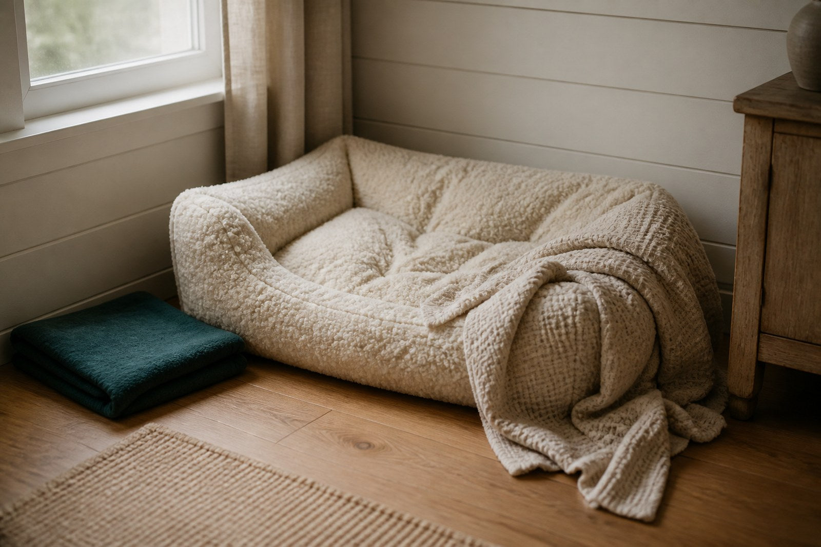 A soft dog bed and folded blankets in a sunlit corner of a room.