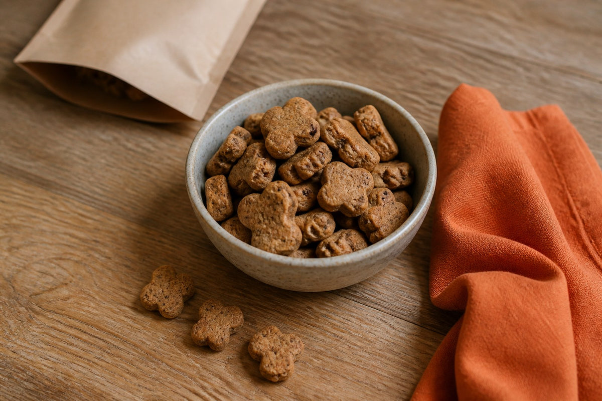 A bowl of dog biscuits on a wooden kitchen counter.