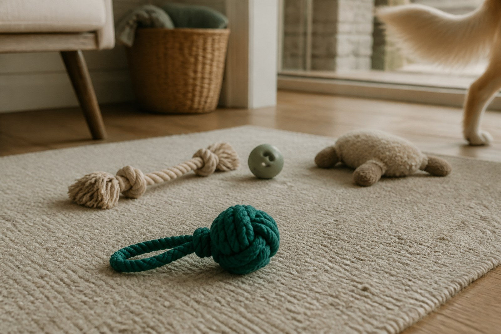 Rope, rubber and plush dog toys scattered across a wool rug.
