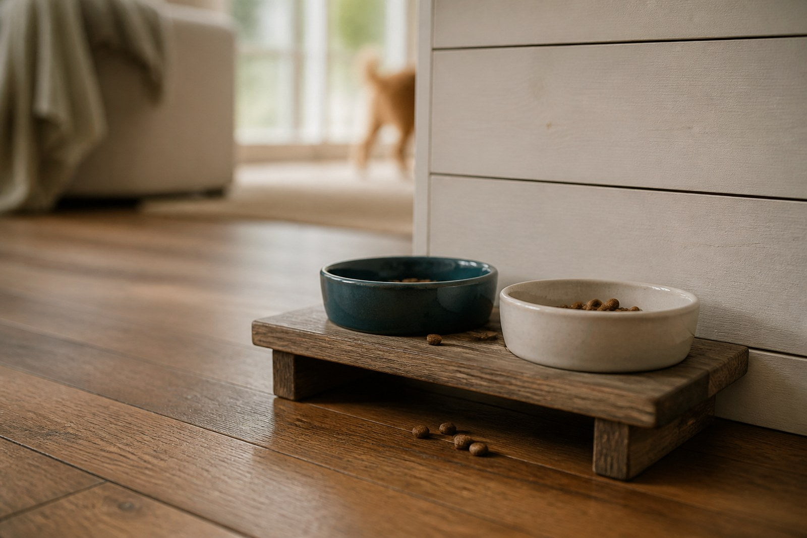 Two ceramic dog bowls on a low wooden feeder stand.