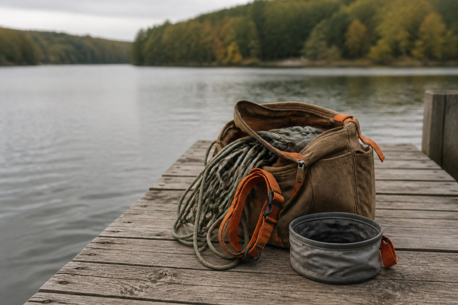 An open daypack on a lakeside dock with a long line, travel bowl and harness.