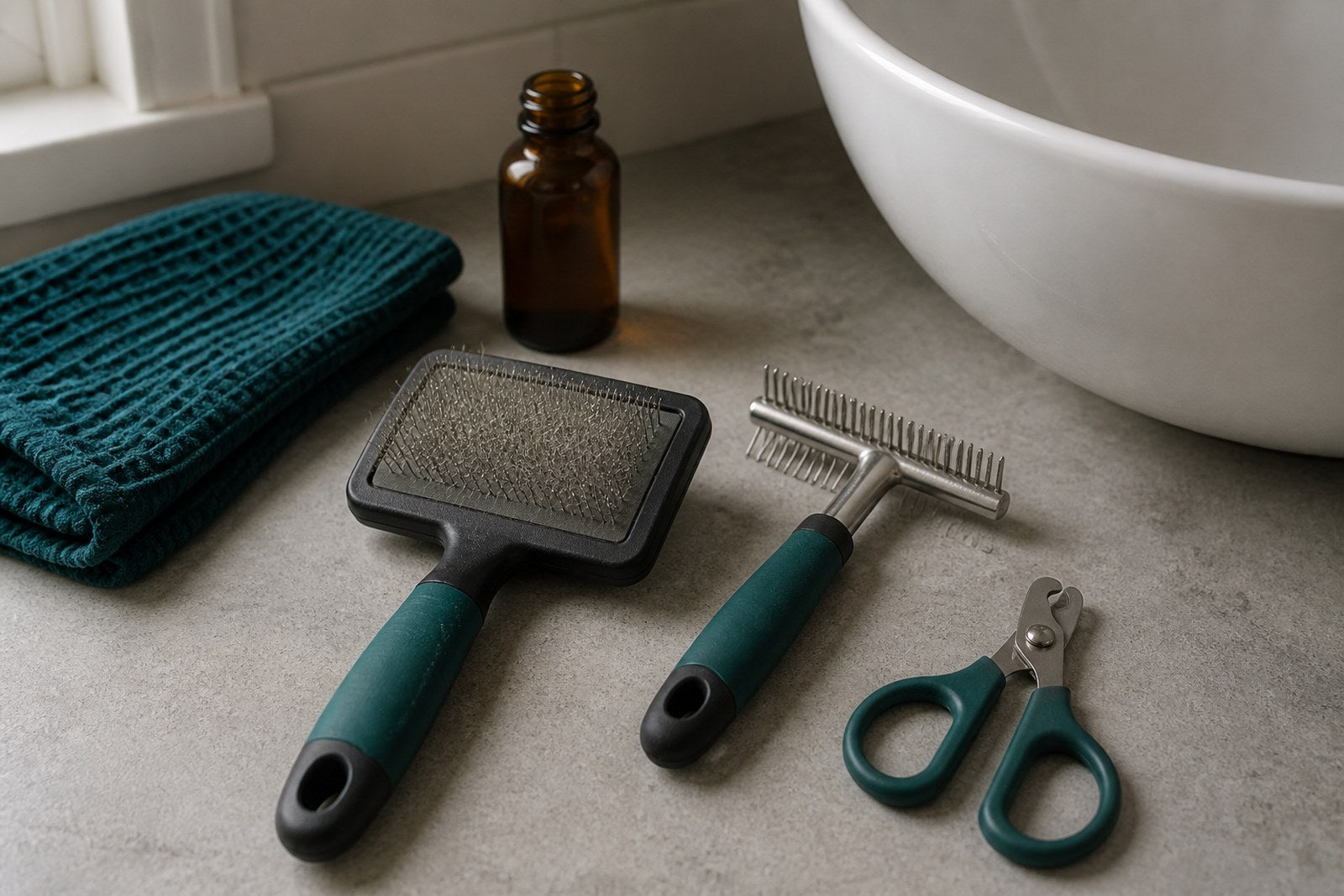 A slicker brush, undercoat rake and nail clippers beside a folded towel on a bathroom surface.