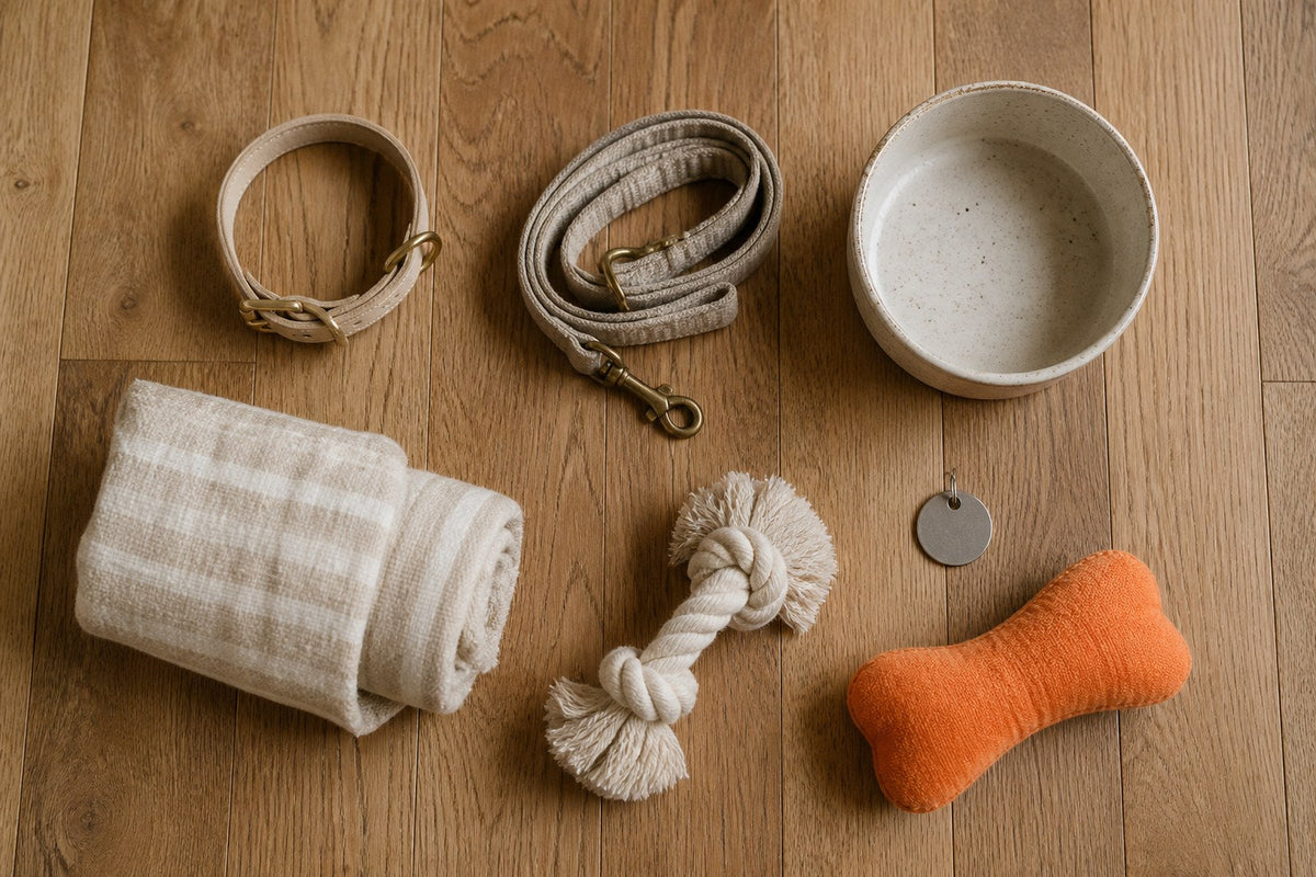 A collar, leash, rolled blanket, ceramic bowl, rope toy, name tag and an orange plush bone laid out on an oak floor.