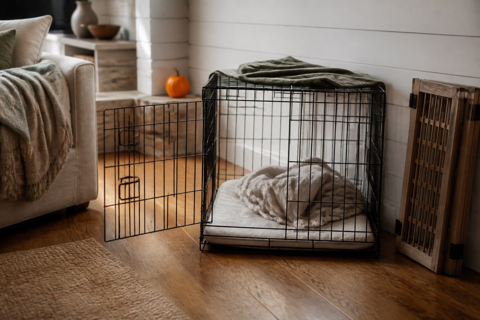 An open wire dog crate with a soft mat inside, and a folded pet gate beside it.