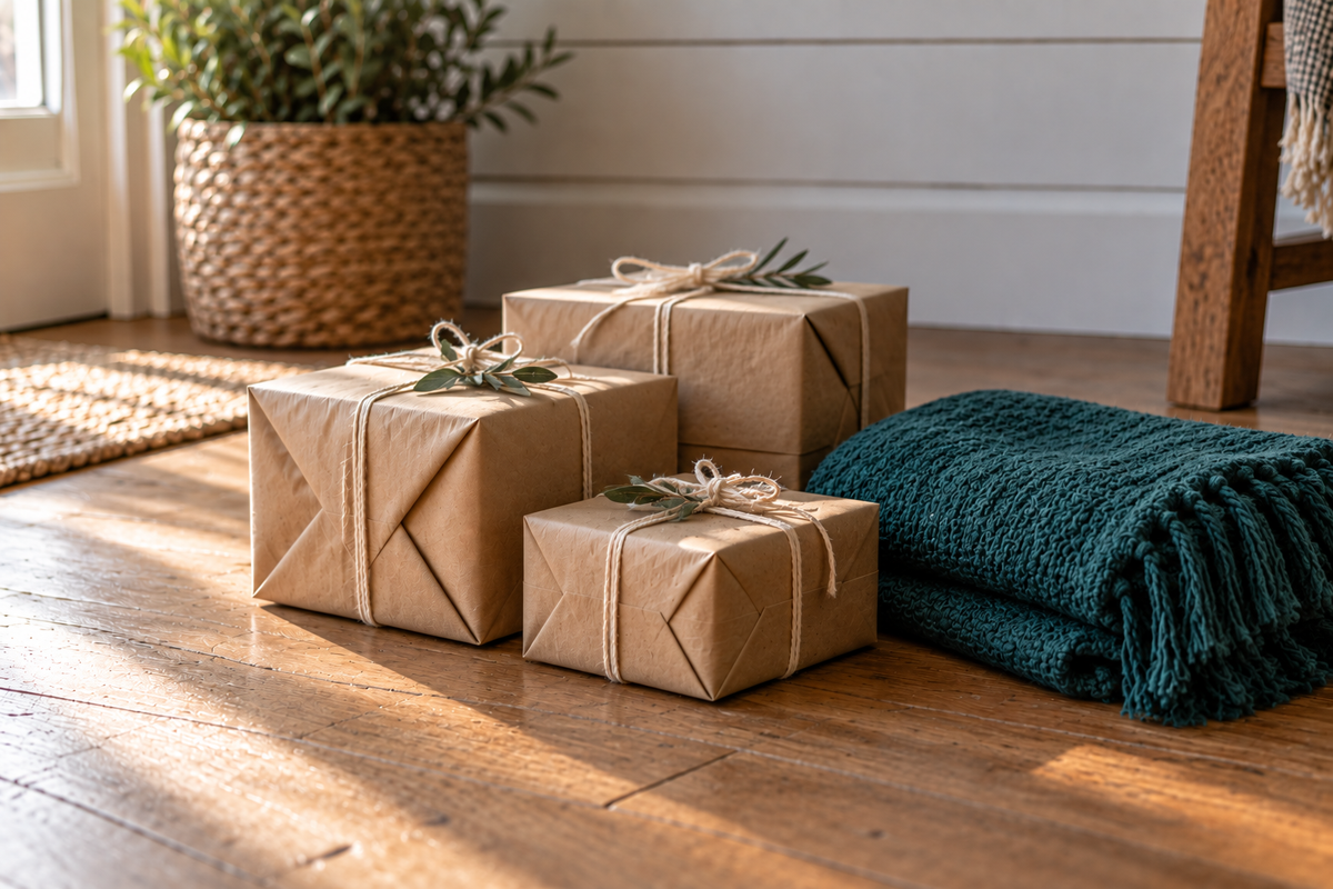Three unopened parcels wrapped in kraft paper and tied with cotton twine, beside a folded deep teal knit throw on a sunlit wooden floor.