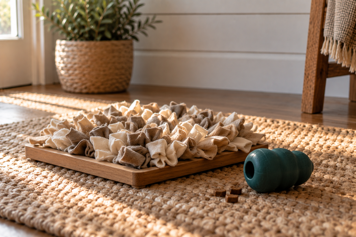 A fabric snuffle mat set in a shallow wooden tray on a woven rug, beside a teal rubber treat-dispensing toy and a few scattered biscuits.