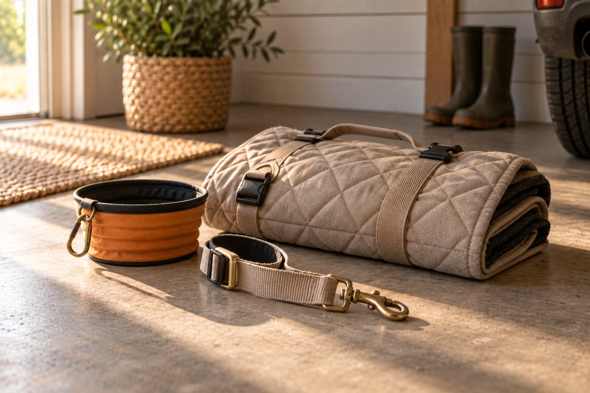 A quilted seat cover rolled and buckled on a concrete floor, beside an orange collapsible travel bowl and a webbing lead with a brass clip.