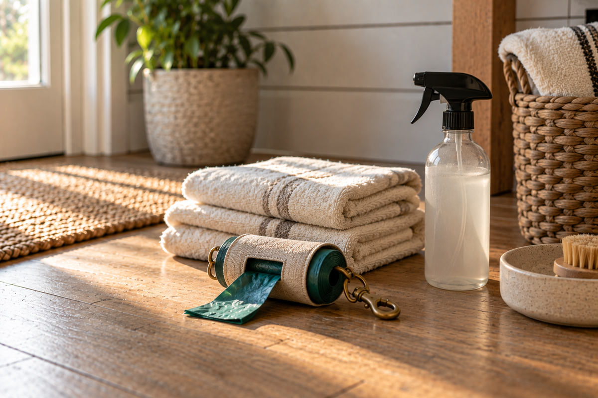 A stack of folded cotton towels, a teal roll of waste bags in a canvas holder, a plain glass spray bottle and a bristle brush in a stoneware dish.