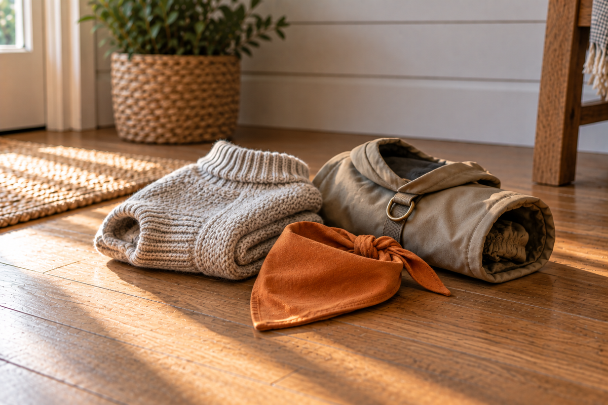 A folded cream knit dog sweater, a rolled waxed canvas coat and a knotted orange bandana on a sunlit wooden floor.