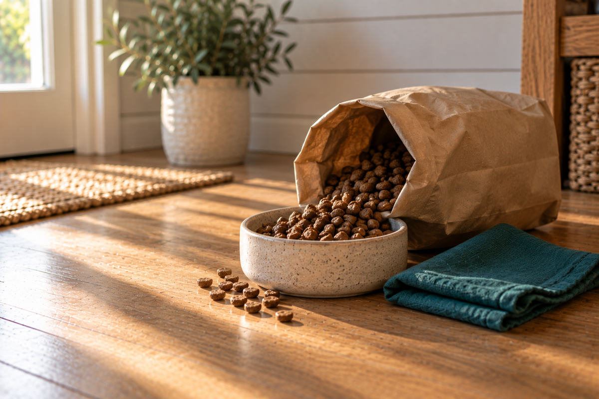 A kraft paper sack of dry kibble tipped toward a speckled stoneware bowl, with a few pieces scattered across the floor beside a folded teal cloth.