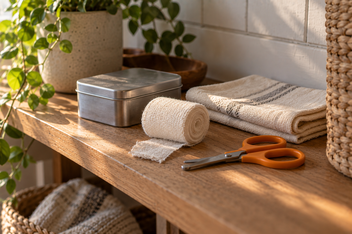 A roll of cotton gauze, a plain metal tin, folded cloths and a pair of orange-handled blunt scissors on a wooden shelf.
