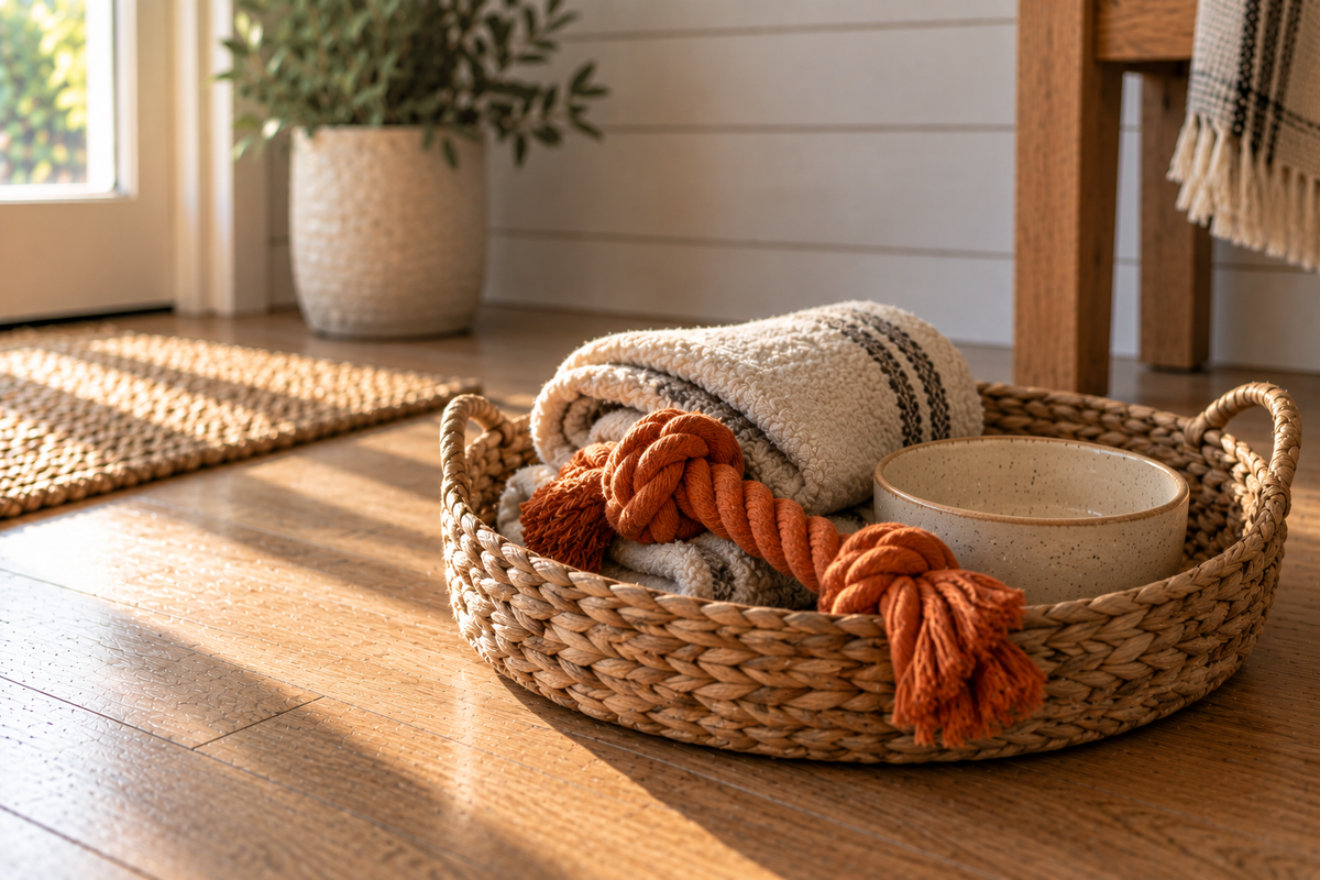 A woven seagrass basket on a wooden floor holding a rolled blanket, a speckled stoneware bowl and an orange knotted rope toy.