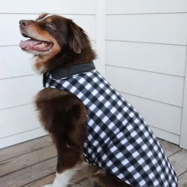 Reversible Fleece Lined Puffer Dog Coat – Black and White Plaid image 0