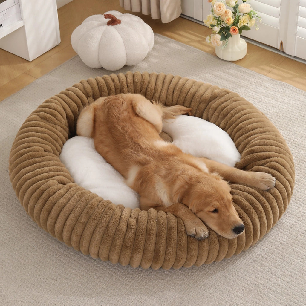 Soft faux fur calming dog bed with anti-slip bottom
