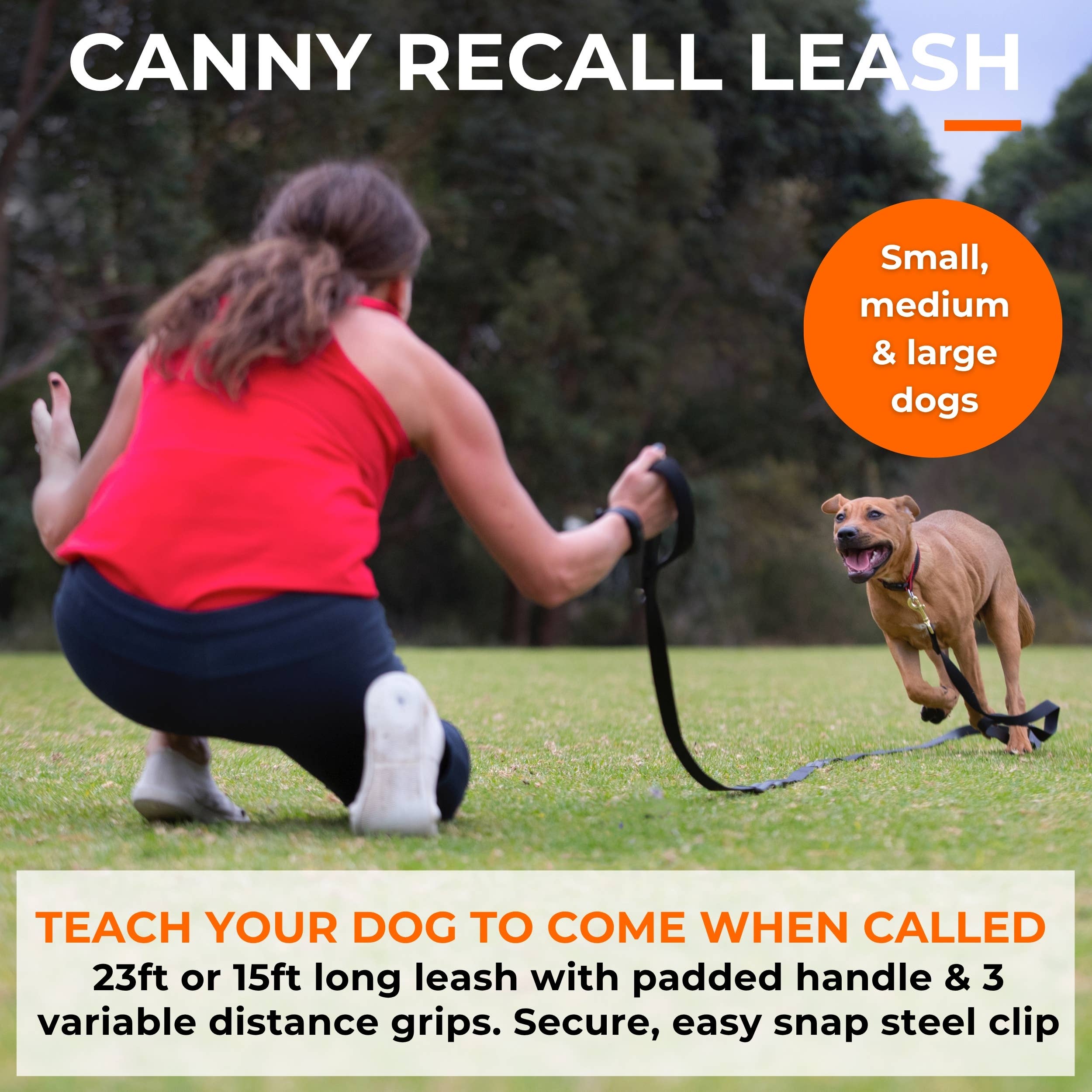 Long Dog Recall Training Leash (23/16ft), Padded Handle/Grip