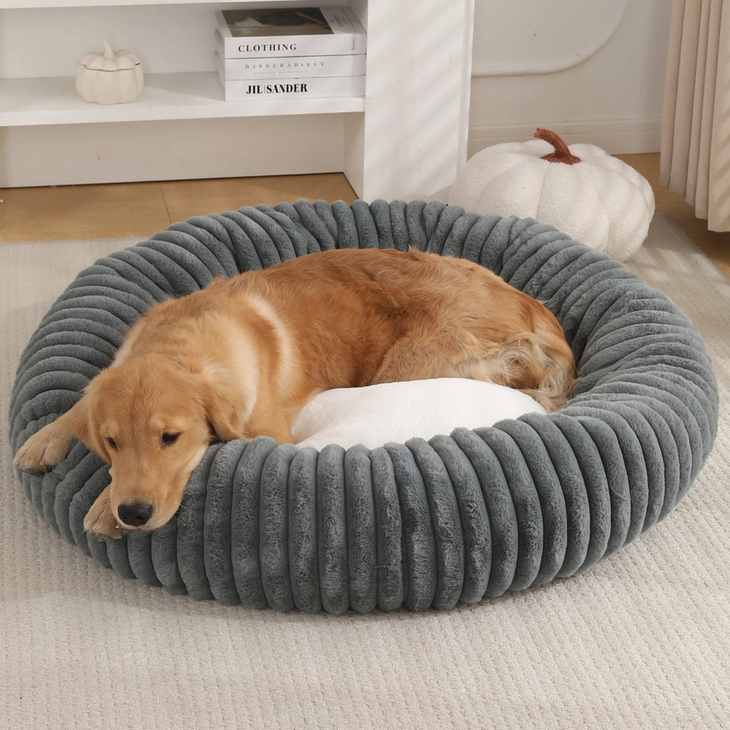 Plush round donut dog bed in Khaki size 70