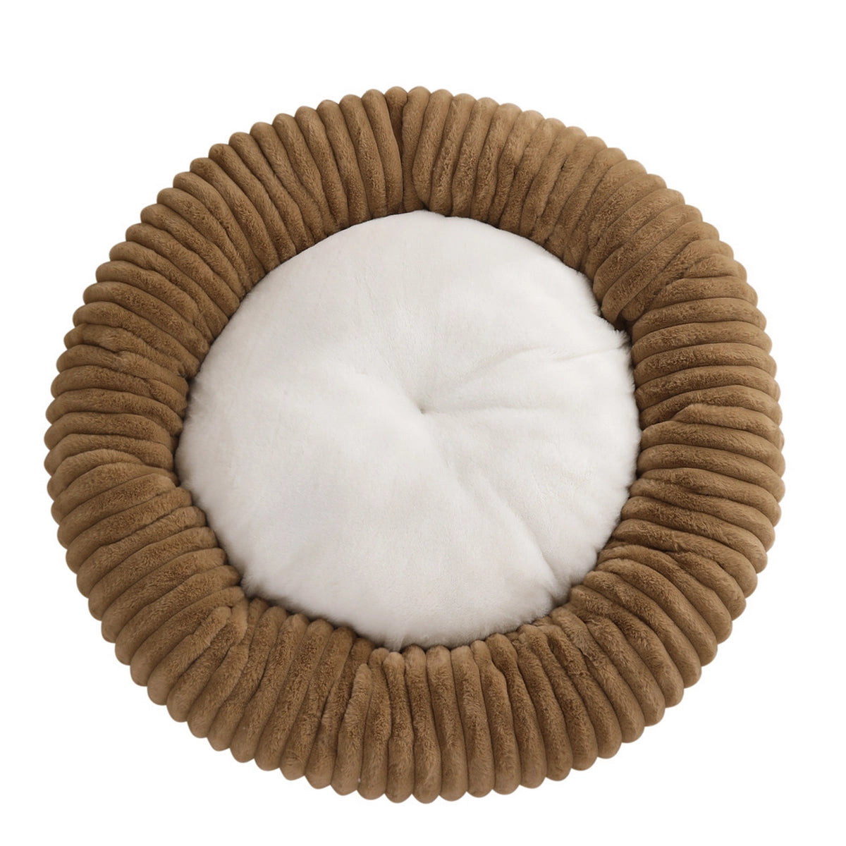 Round pet bed with brown ribbed exterior and white interior on a white background
