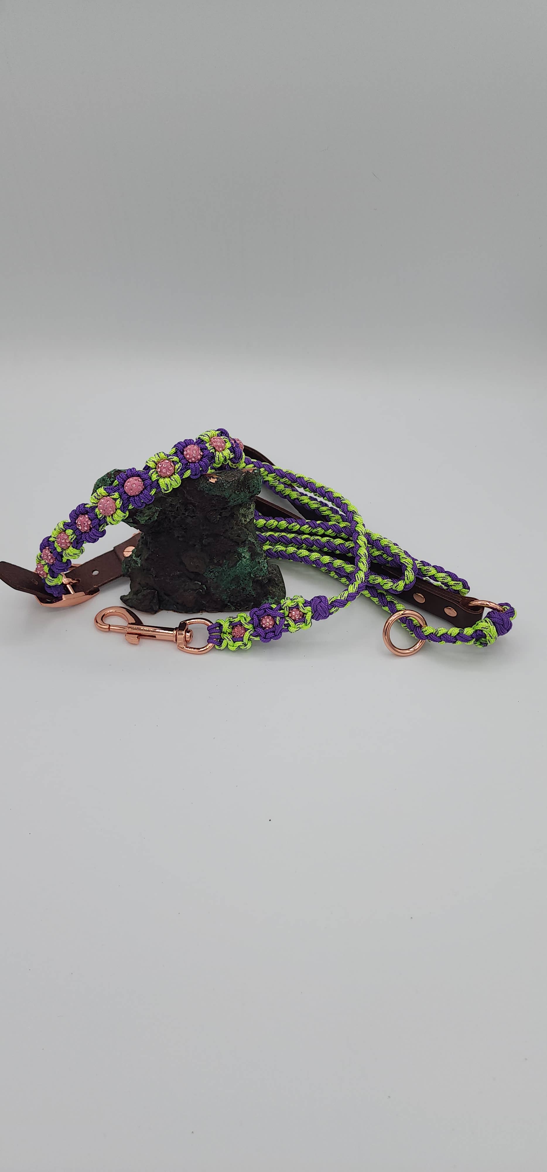 Purple/Green Paracord Leash with Rose Gold Flowers