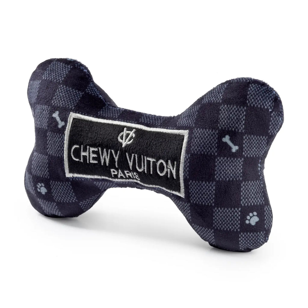 Black Checker Chewy Vuiton Bone Squeaker Dog Toy image 1
