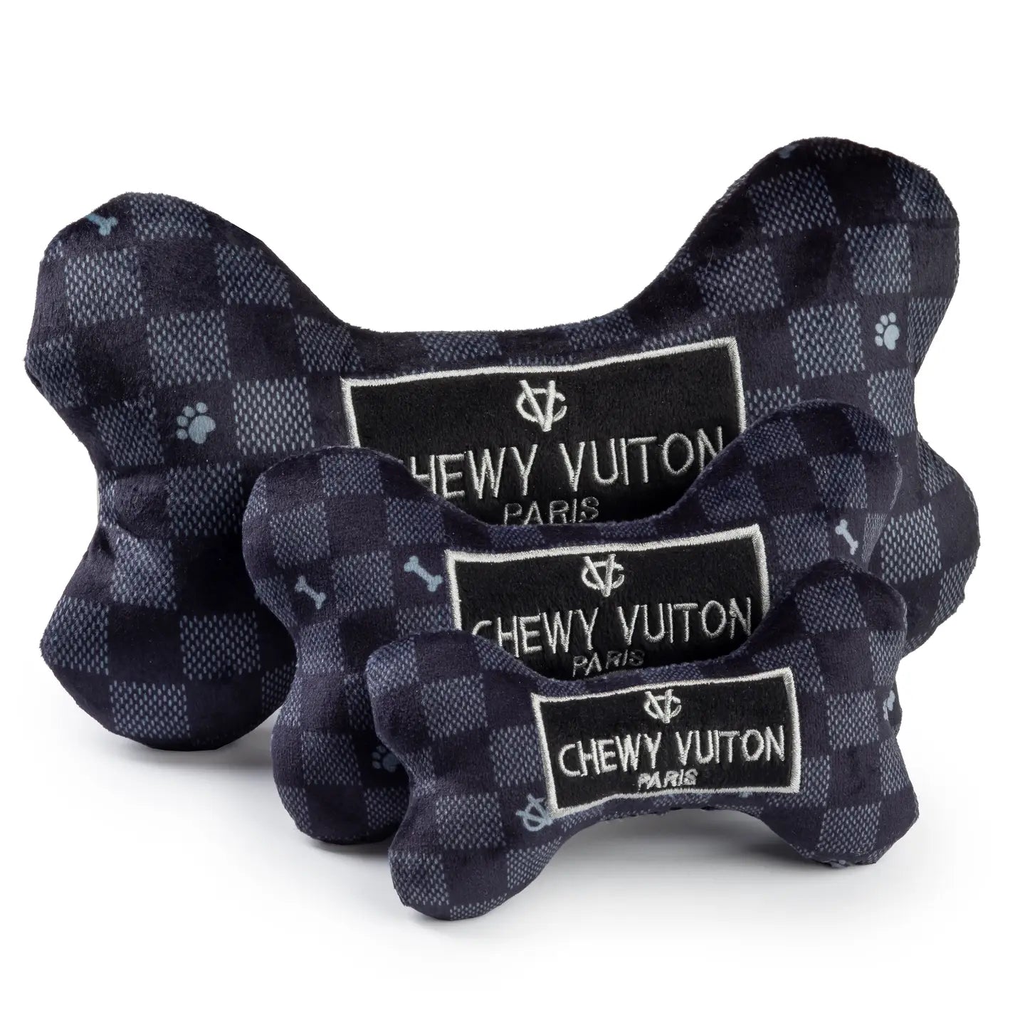 Black Checker Chewy Vuiton Bone Squeaker Dog Toy image 0