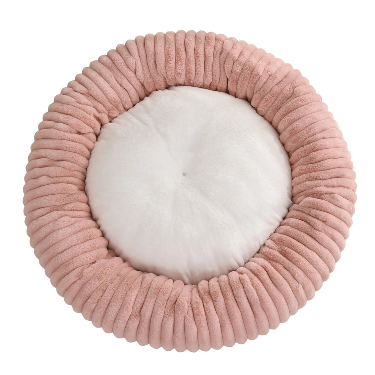 Round pink pet bed with a white interior on a white background