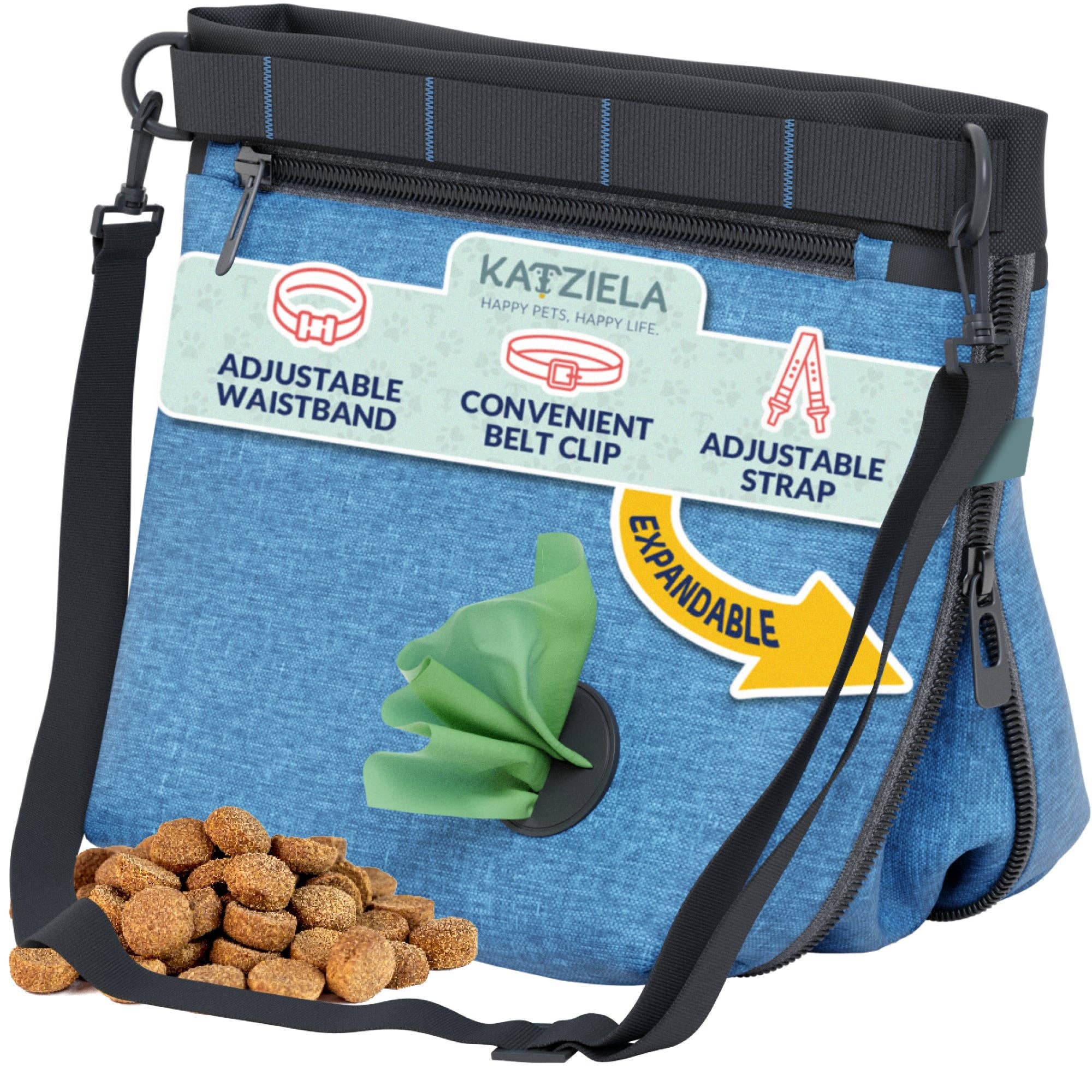 Katziela Expandable Pet Treat Pouch - Hands Free Dog Treat Pouch, Quick Access Magnet Closure - Anti Spill Dog Treat Bag - Treat Pouches For Pet Train