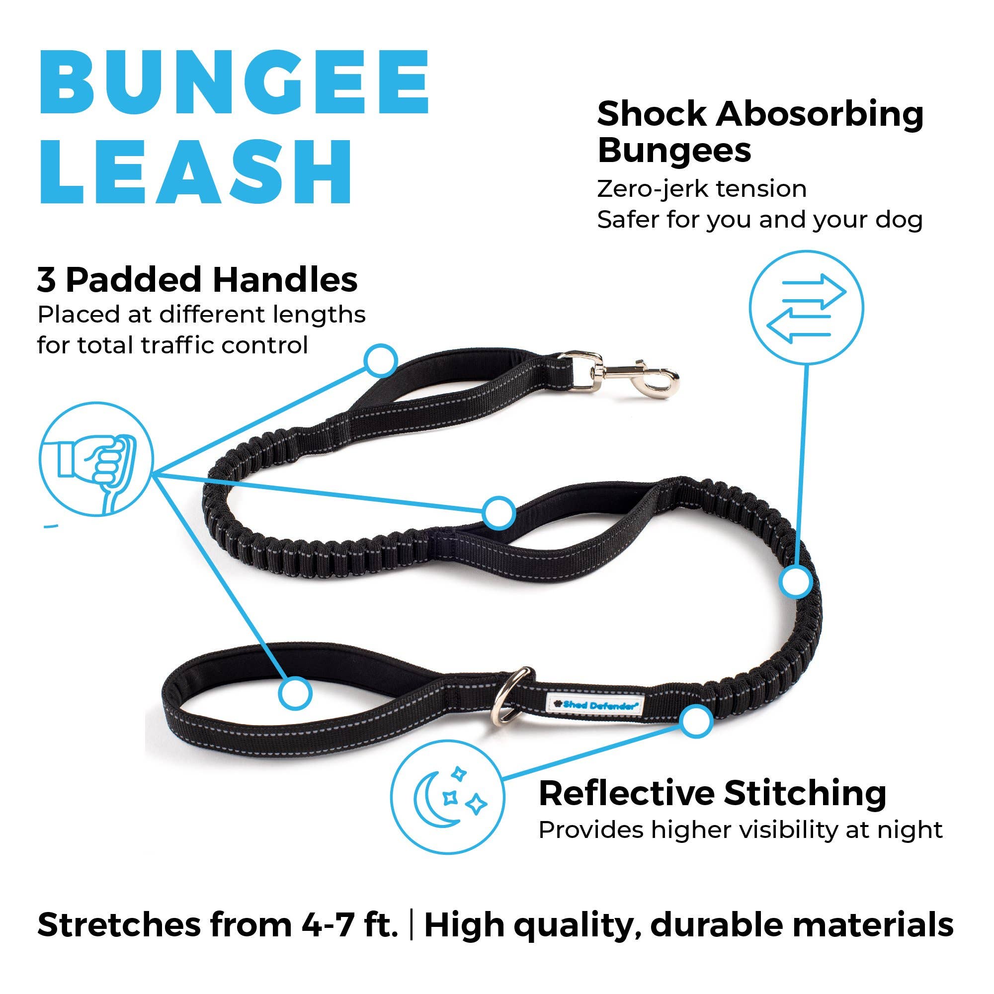 Shock Absorbing Bungee Leash w/ Three Padded Handles 4-6 ft.