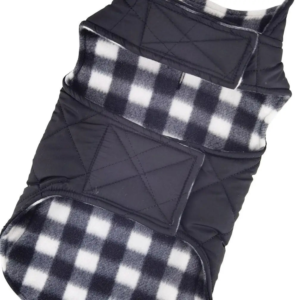 Reversible Fleece Lined Puffer Dog Coat – Black and White Plaid - Large image