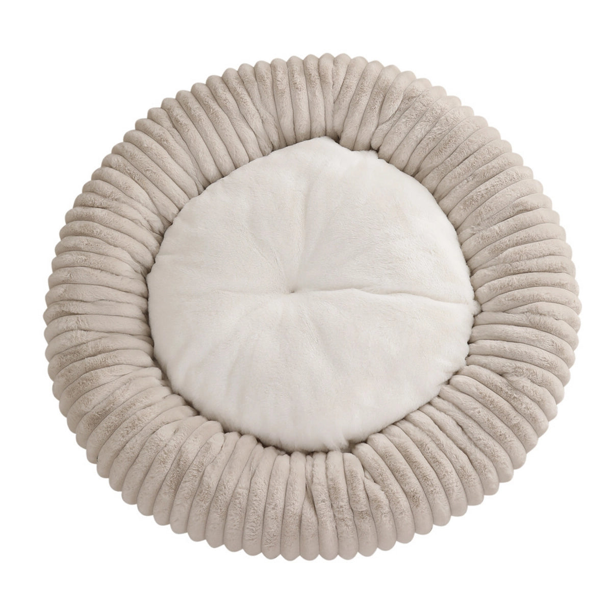 Round pet bed with ribbed texture on a white background
