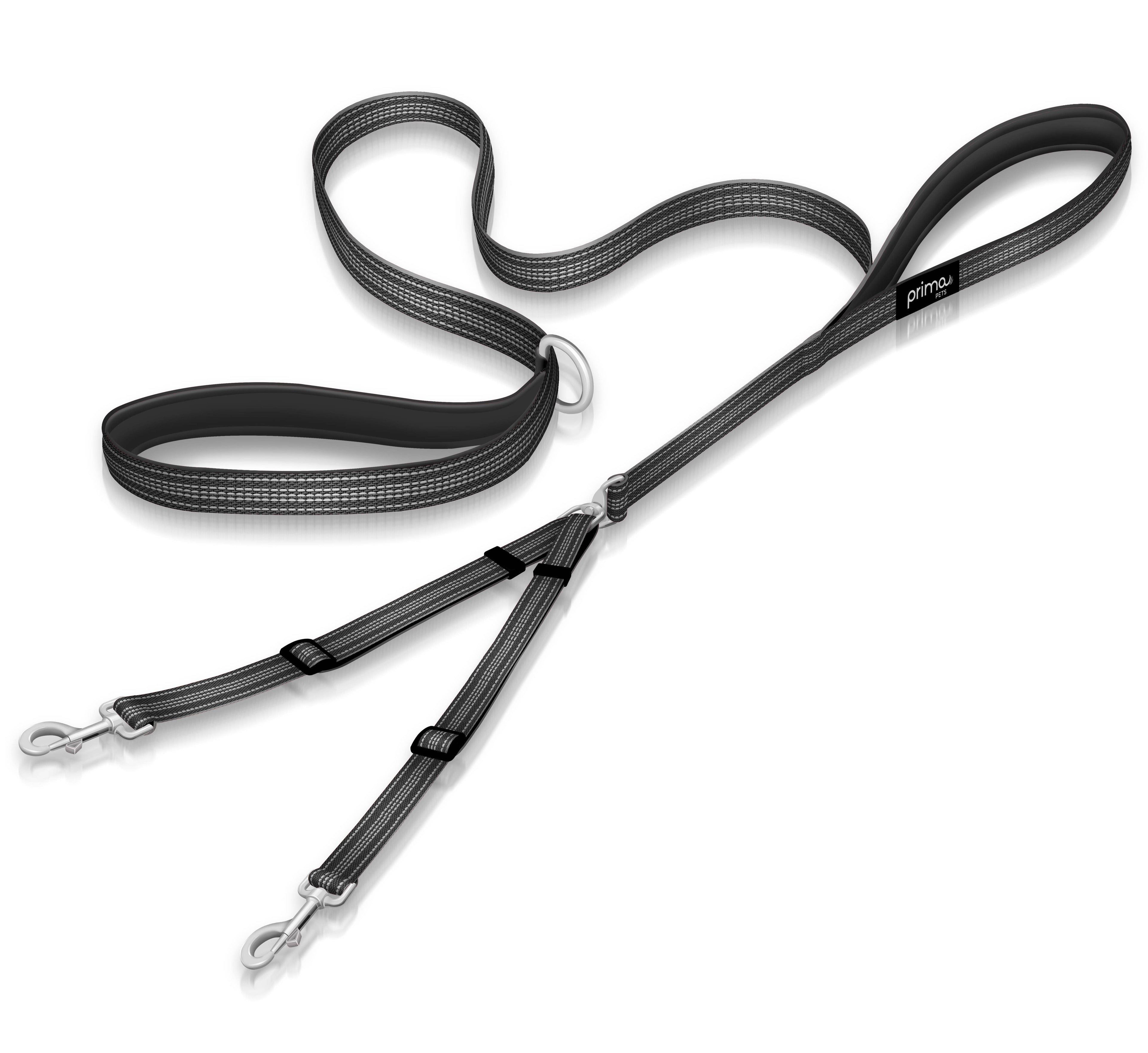 Small Reflective Double Dog Leash w/ Padded Handles - Black